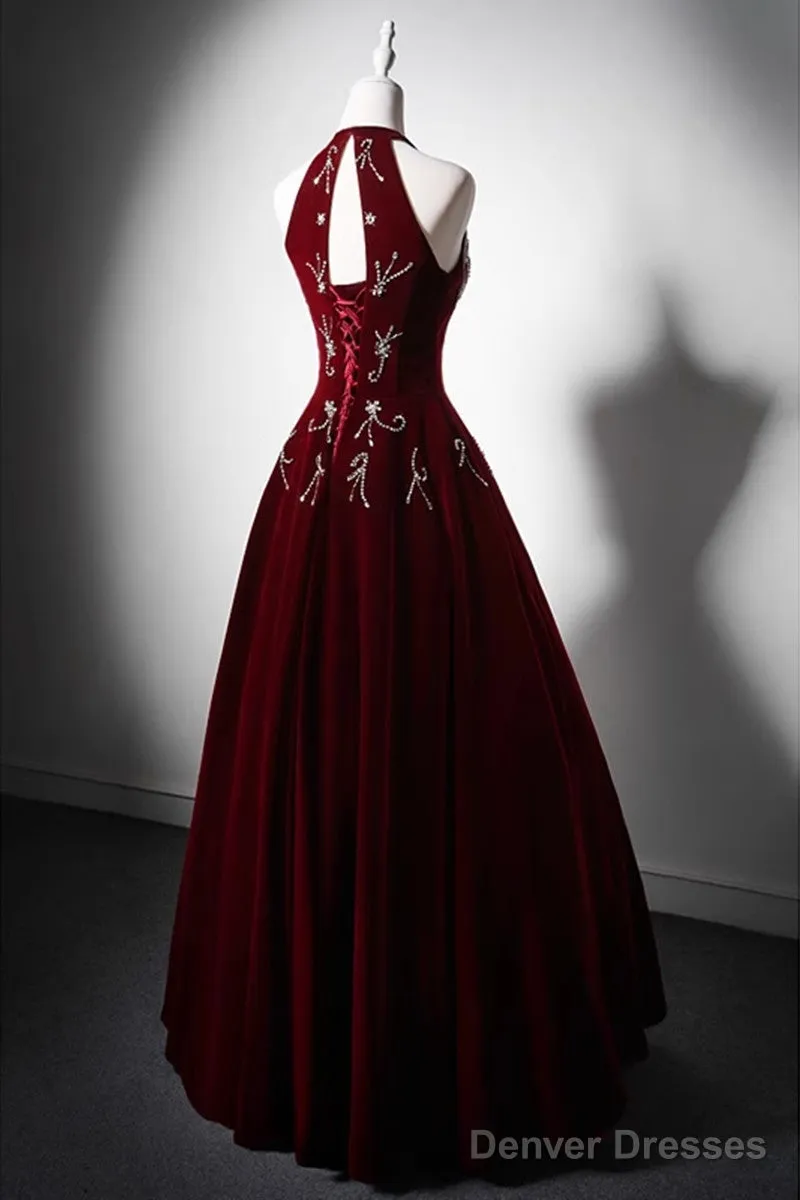 Wine Red Velvet Beaded Halter Long Formal Dress, A-Line Velvet Prom Dress
