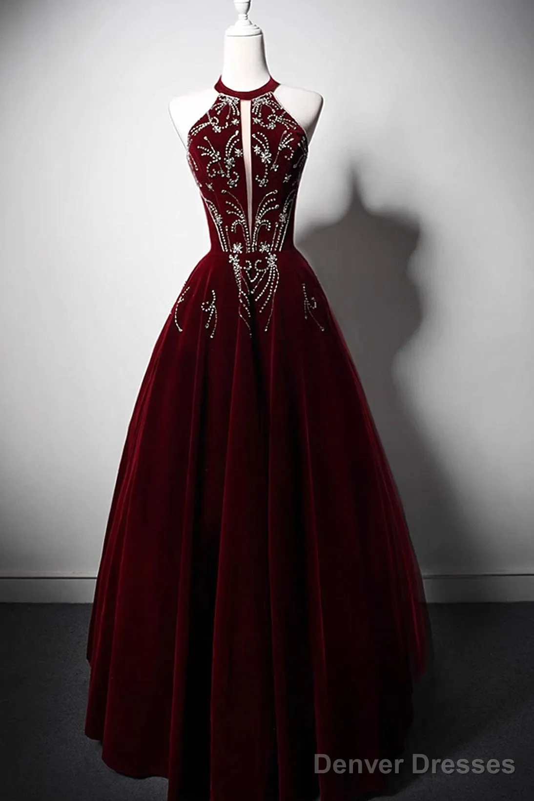 Wine Red Velvet Beaded Halter Long Formal Dress, A-Line Velvet Prom Dress