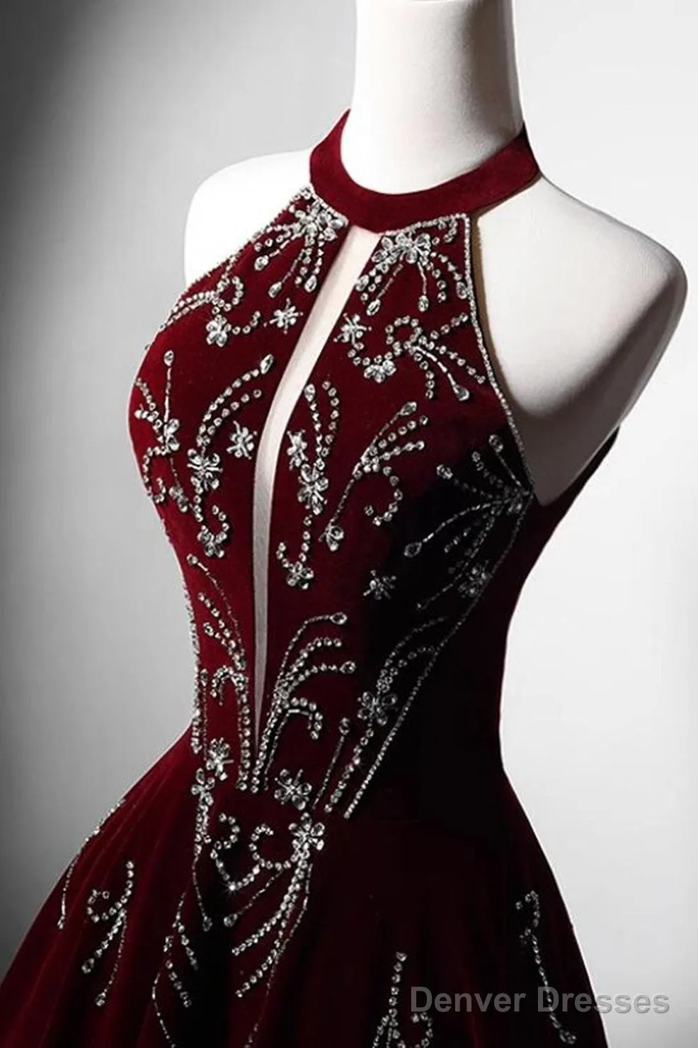 Wine Red Velvet Beaded Halter Long Formal Dress, A-Line Velvet Prom Dress